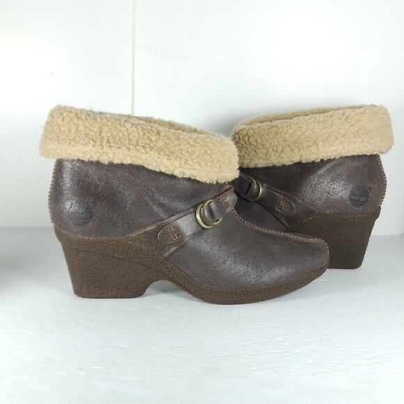 Timberland Women’s Bayden US9,5 Brown Leather Wedge Ankle Shearling Boots Bootie - Picture 7 of 16